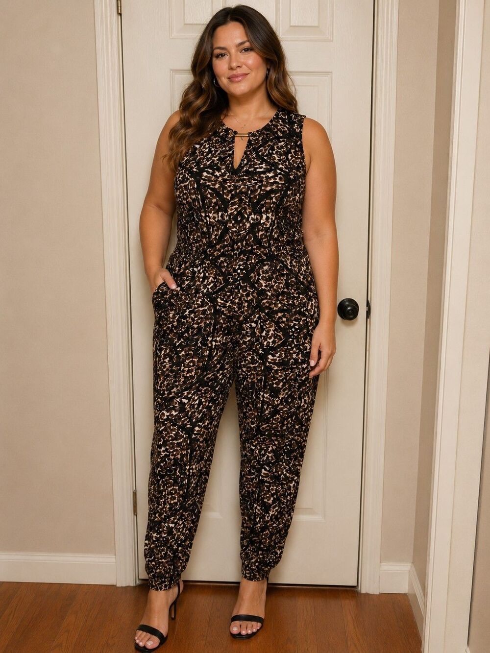 Kardashian Kollection Jumpsuit Sleeveless Animal Print Elastic Waist Size L